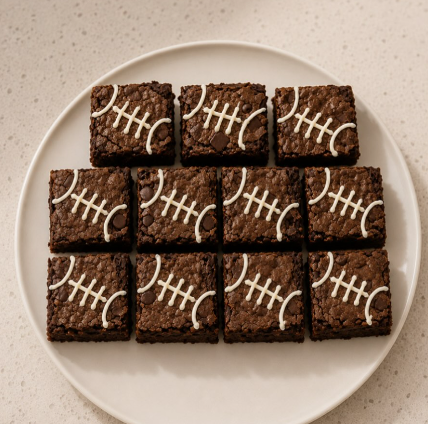 A plate of brownies iced with football laces